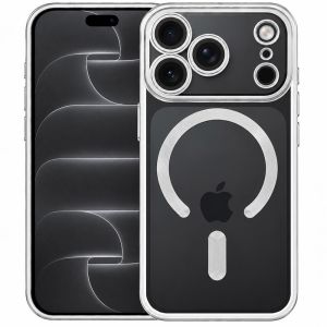 Transparente MagSafe Hülle für iPhone 18 Pro Case mit silbernen Designelementen
