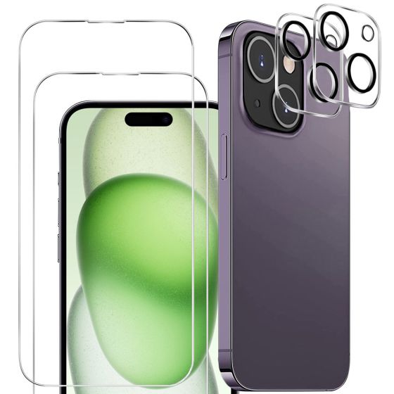 4er Set Handyschutz für iPhone 15, bestehend aus 2 x Displayschutzglas und 2 x Kameraprotektor