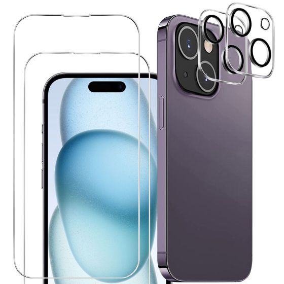 4er Set Handyschutz für iPhone 15 Plus, bestehend aus 2 x Displayschutzglas und 2 x Kameraprotektor