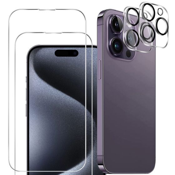 4er Set Handyschutz für iPhone 15 Pro, bestehend aus 2 x Displayschutzglas und 2 x Kameraprotektor