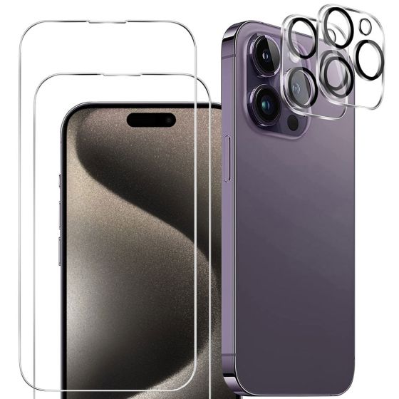 4er Set Handyschutz für iPhone 15 Pro Max, bestehend aus 2 x Displayschutzglas und 2 x Kameraprotektor