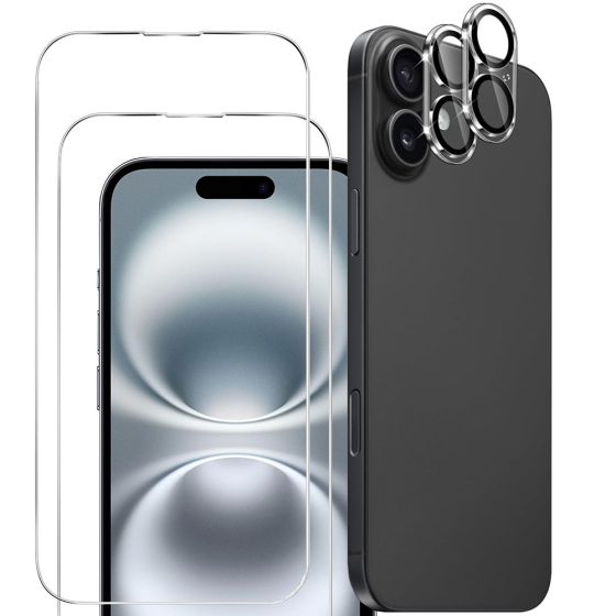 4er Set Handyschutz für iPhone 16 Plus, bestehend aus 2 x Displayschutzglas und 2 x Kameraprotektor