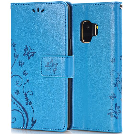 Flipcase für Samsung Galaxy S9 mit Schmetterling / Blumen Motiv in Blau | Ohne Versandkosten