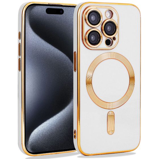 Handyhülle für iPhone 15 Pro Weiß Gold MagSafe Kompatibel mit Kameraschutz