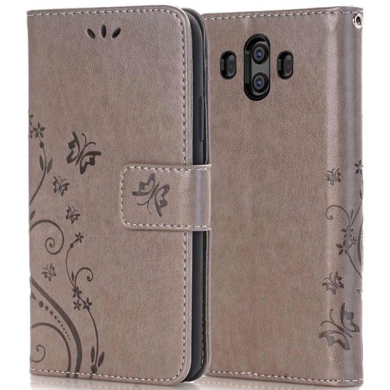 Flipcase für Huawei Mate 10 Schmetterling Blumen Motiv Grau