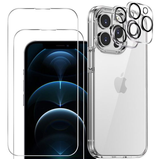 3-in-1 Handyschutz Set für iPhone 12 Pro Hülle Transparent mit Schutzglas und Kameraprotektor