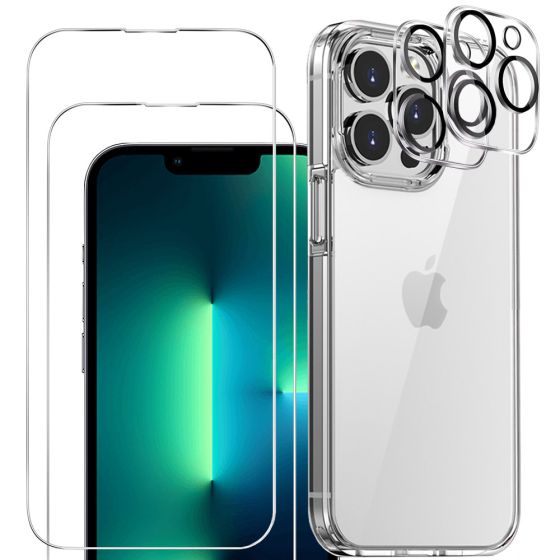 3-in-1 Handyschutz Set für iPhone 13 Pro Hülle Transparent mit Schutzglas und Kameraprotektor