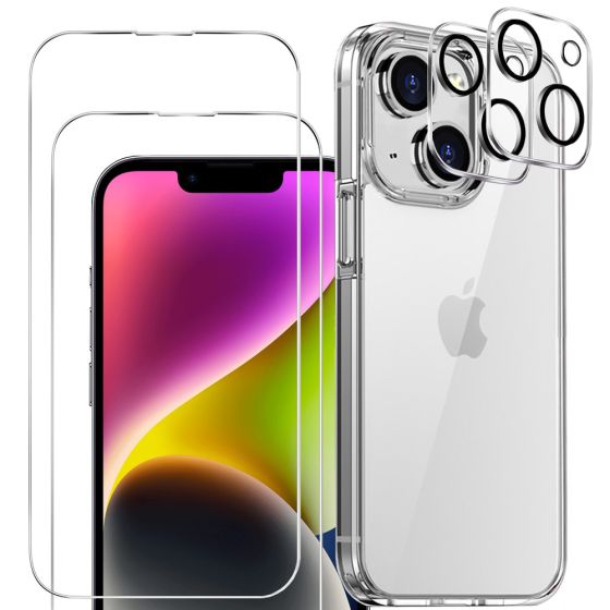 3-in-1 Handyschutz Set für iPhone 14 Hülle Transparent mit Schutzglas und Kameraprotektor