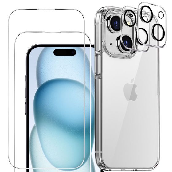3-in-1 Handyschutz Set für iPhone 15 Plus Hülle Transparent mit Schutzglas und Kameraprotektor