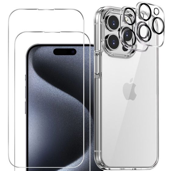 3-in-1 Handyschutz Set für iPhone 15 Pro Hülle Transparent mit Schutzglas und Kameraprotektor