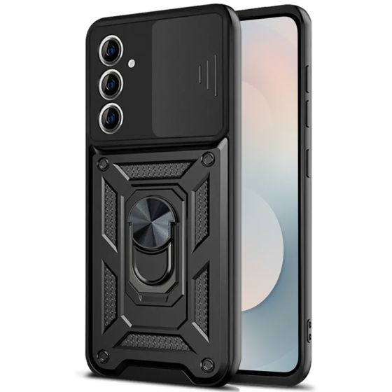 Schutzhülle für Samsung Galaxy S25 FE Case Hülle Schwarz mit verschiebbarem Kameraschutz sowie 360° Ringhalter
