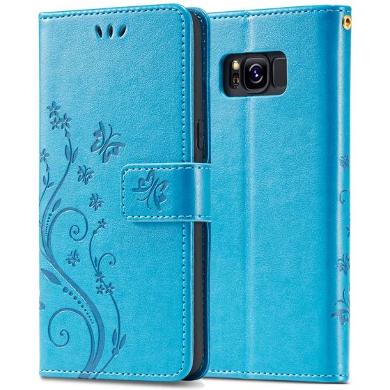 Flipcase für Samsung Galaxy S8 mit Handytasche mit Blumen Schmetterling Motiv Blau