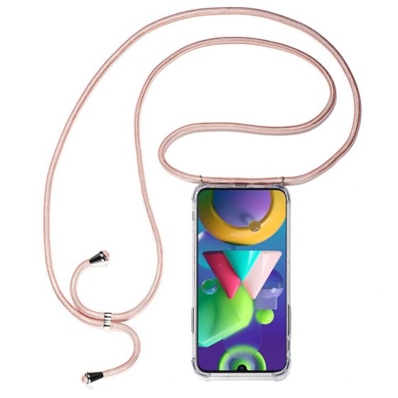 Transparente Handyhülle mit rosa Handyband / Kette für Samsung Galaxy M21