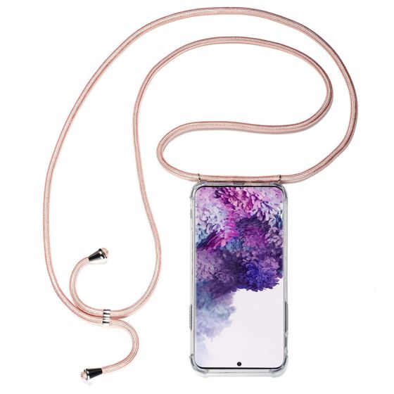 Transparente Handyhülle mit rosa Handyband / Kette für Samsung Galaxy S20 Plus