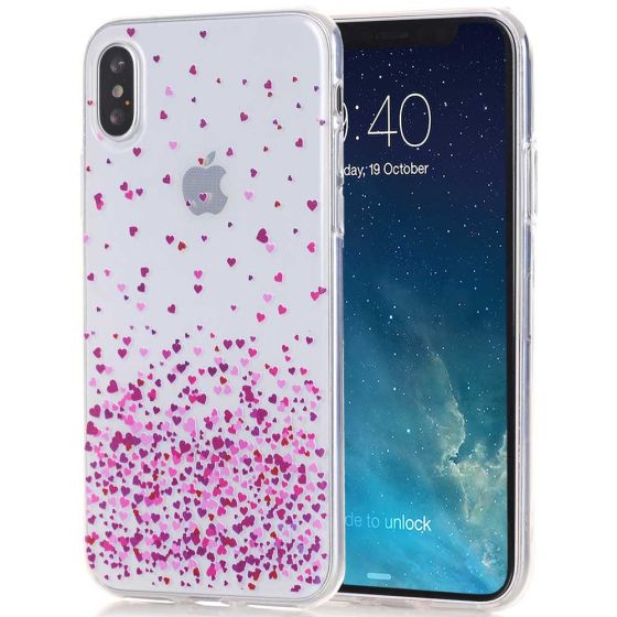 Silikon Case für iPhone X in Transparent mit Pinken Herzen Motiv