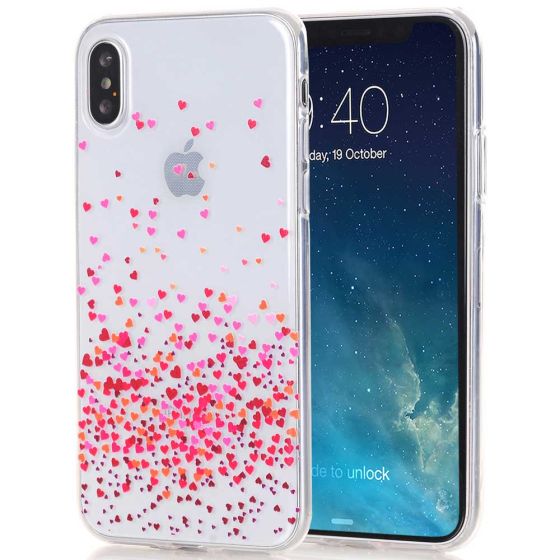 Silikon Case für iPhone X in Transparent mit rosa Herzen Motiv