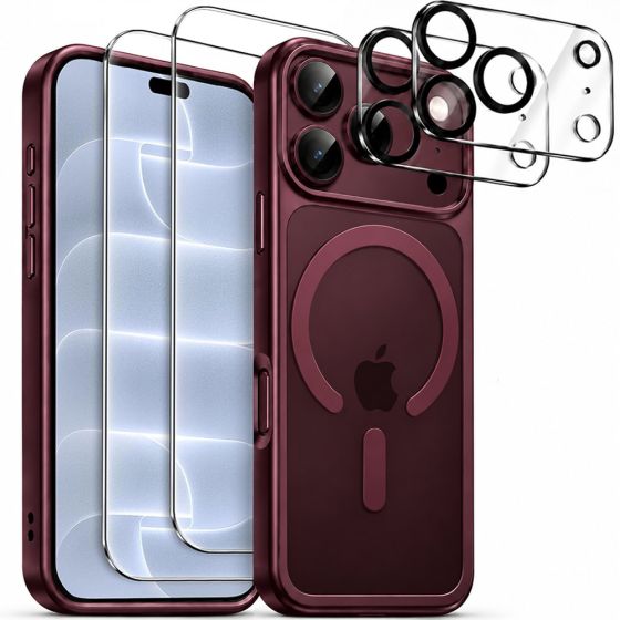 MagSafe Hülle für iPhone 18 Pro Max Burgund Transparent im Schutzglas und Kameraschutz Set