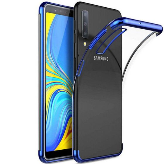 Hülle für Galaxy A7 2018 Transparent mit blauen Rahmen | Ohne Versandkosten