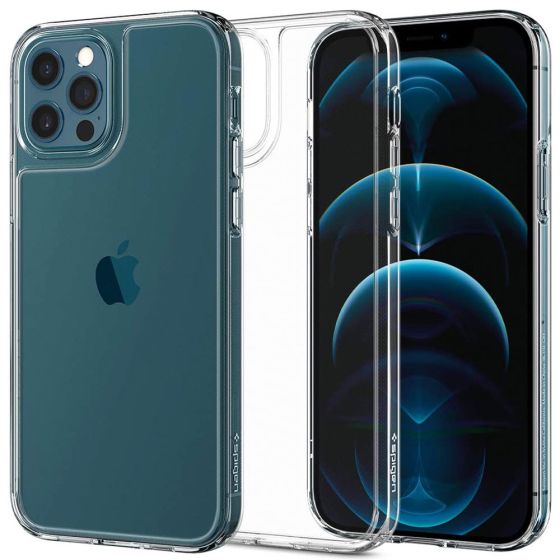 Transparentes, kristallklares Spigen iPhone 12 Pro Max Hybrid Case mit weichem TPU-Silikon Rahmen und robuster Rückseite