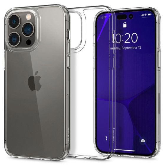 Transparentes, kristallklares Spigen Case für iPhone 14 Pro Max Hybrid Hülle mit weichem TPU-Silikon Rahmen und robuster Rückseite