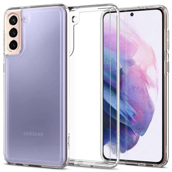 Transparentes, kristallklares Spigen Samsung Galaxy S21 Hybrid Case mit weichem TPU-Silikon Rahmen und robuster Rückseite