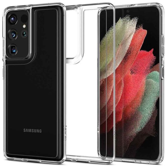 Transparentes, kristallklares Spigen Samsung Galaxy S21 Ultra Hybrid Case mit weichem TPU-Silikon Rahmen und robuster Rückseite